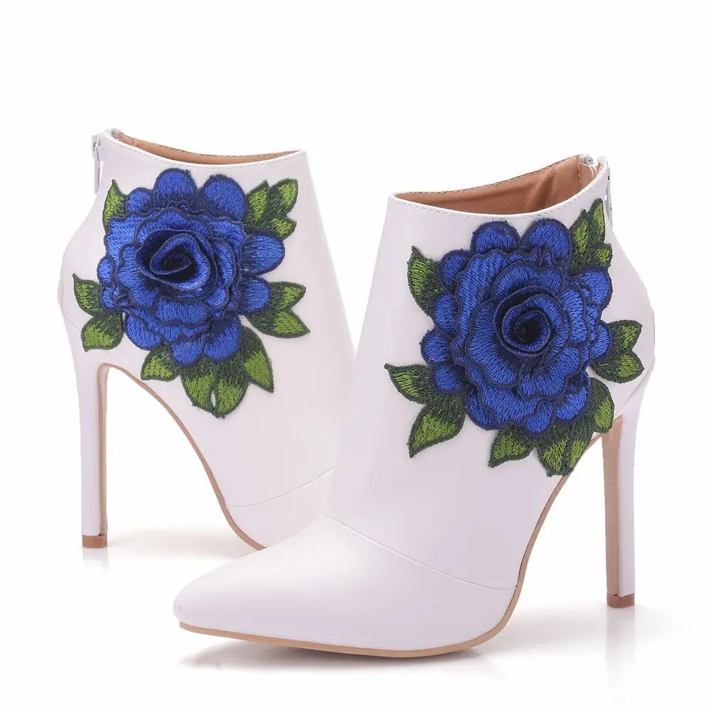 Flower Patchwork Pointed Toe Ankle Boots