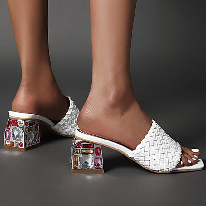 Rhinestones Braided Open Toe Chunky Heel Sandals