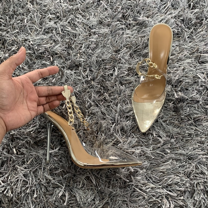 Transparent Pointed Toe Chain Detail High Heels