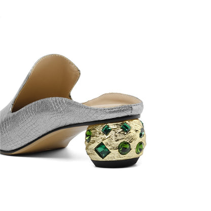 Genuine Leather Rhinestone Pointed Toe Crystal Pumps