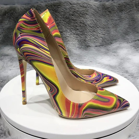 Printed Patent Leather Pointed Toe Stiletto Pumps