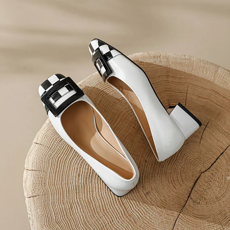 Checkered Square Button Mid Heels Shoes