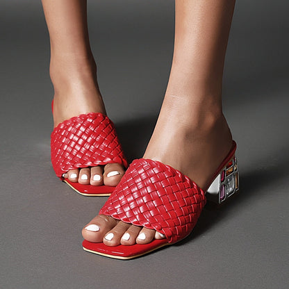 Rhinestones Braided Open Toe Chunky Heel Sandals