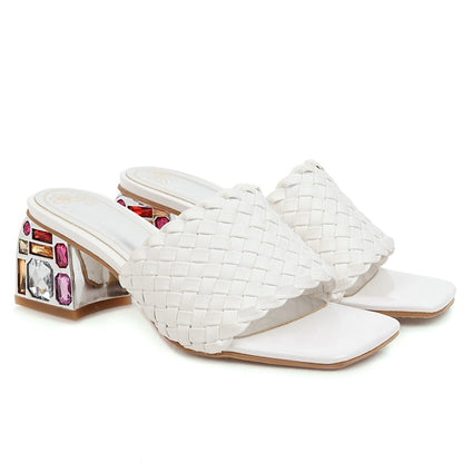 Rhinestones Braided Open Toe Chunky Heel Sandals