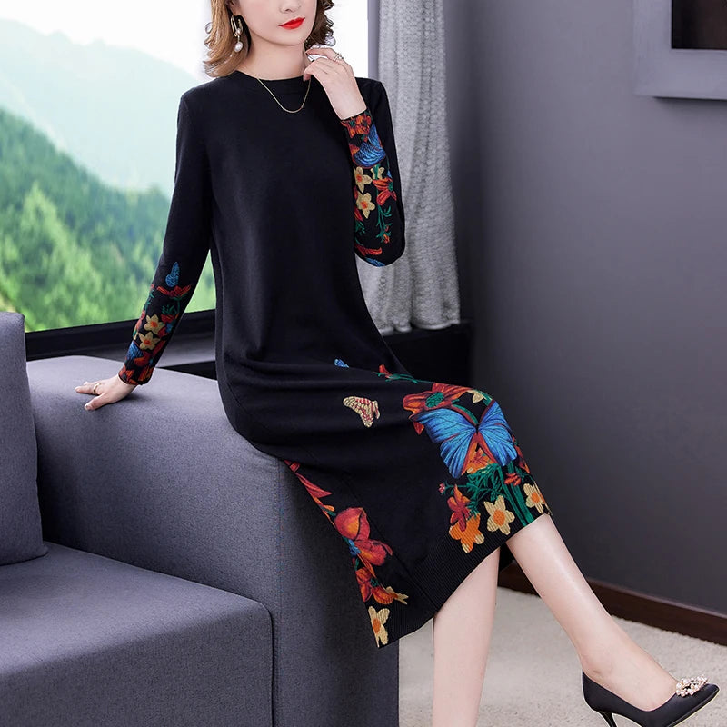 Floral Long Sleeve Knitted Midi Dress