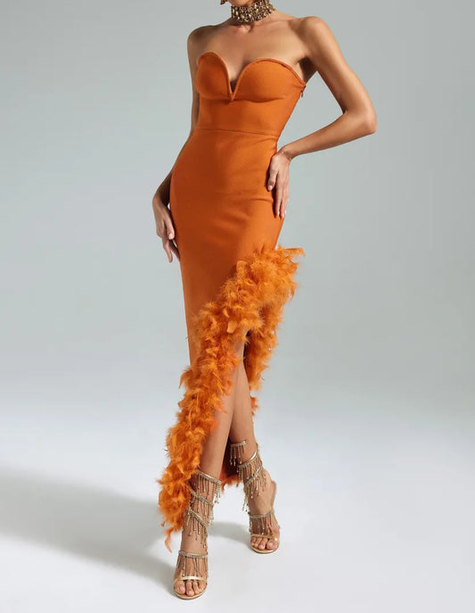 Strapless Bodycon Dress with Feathers