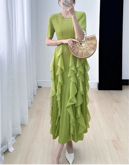 Miyake Pleated Vertical Ruffles Round Neck Maxi Dress