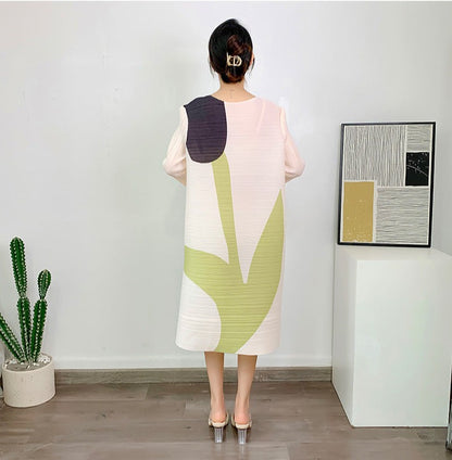 Miyake Pleated Printed Three-Quarter Sleeves Midi Dress