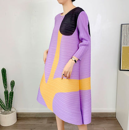 Miyake Pleated Printed Three-Quarter Sleeves Midi Dress