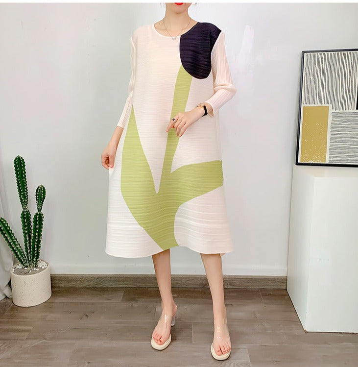 Miyake Pleated Printed Three-Quarter Sleeves Midi Dress