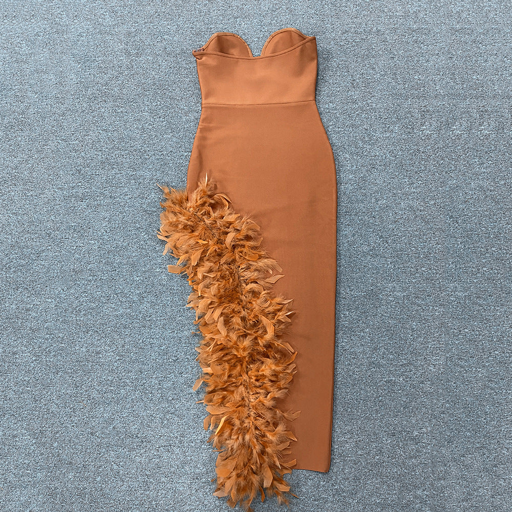 Strapless Bodycon Dress with Feathers