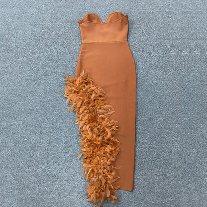 Strapless Bodycon Dress with Feathers