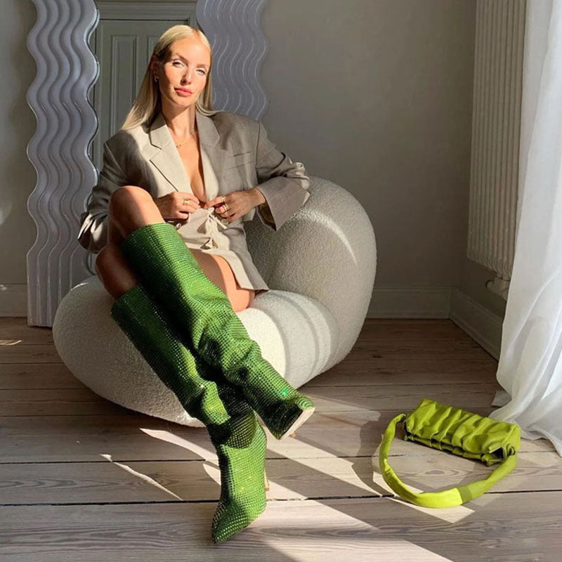 Rhinestone Pointed Toe Knee-High Boots