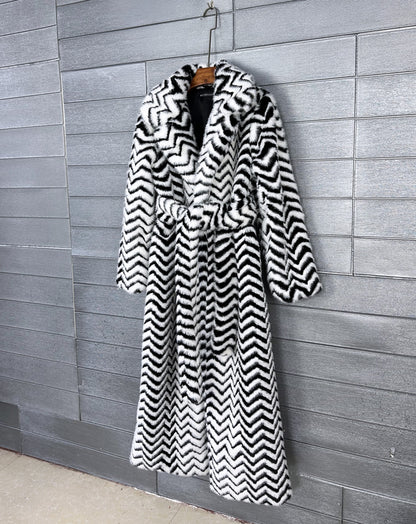 Striped Belted Fluffy Faux Fur Coat