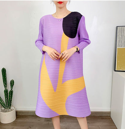 Miyake Pleated Printed Three-Quarter Sleeves Midi Dress