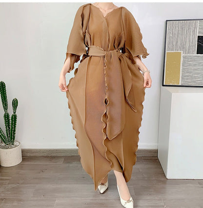 Miyake Pleated Irregular Hem Dress with Belt