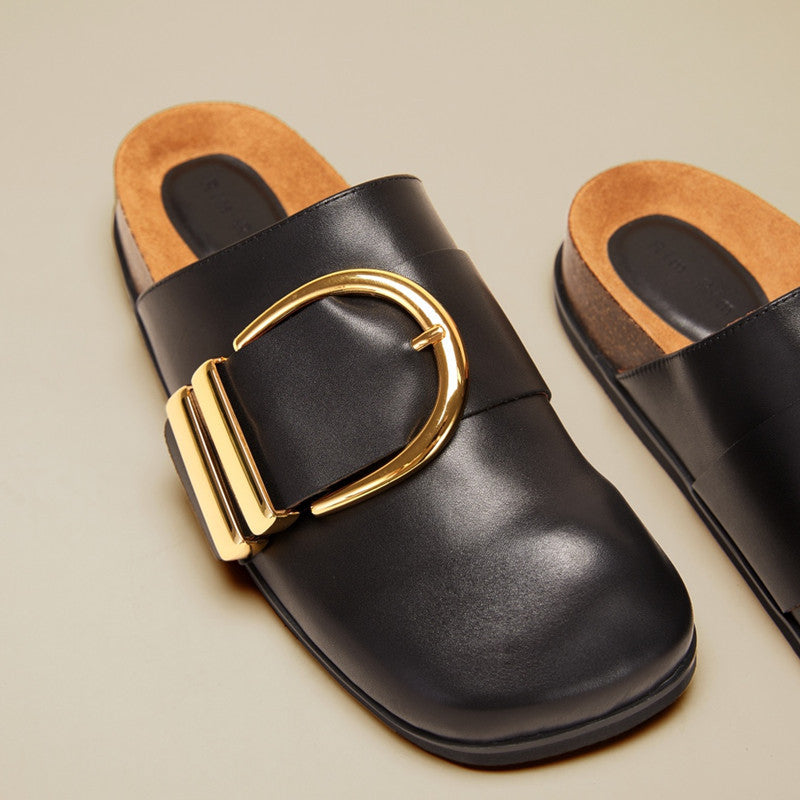 Retro Round Toe Mules with Metal Buckle