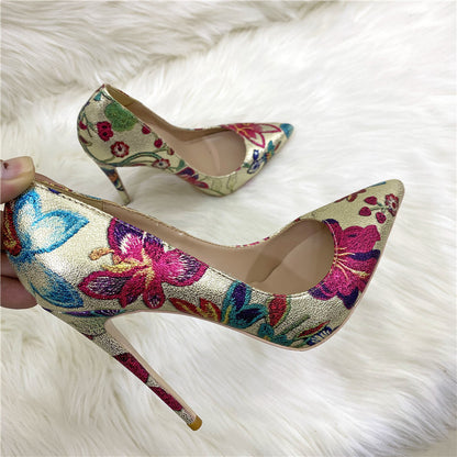 Gold Floral Pointed Toe Stiletto Pumps