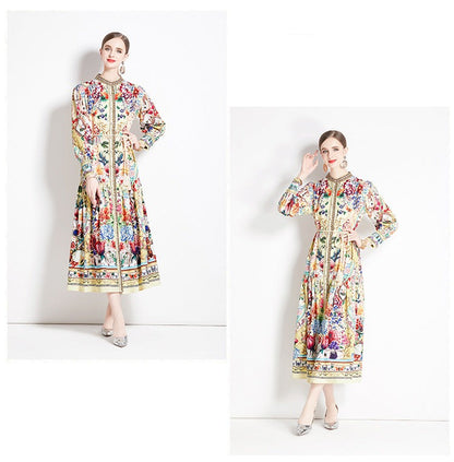 Retro Floral Lantern Sleeve Midi Dress