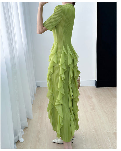 Miyake Pleated Vertical Ruffles Round Neck Maxi Dress