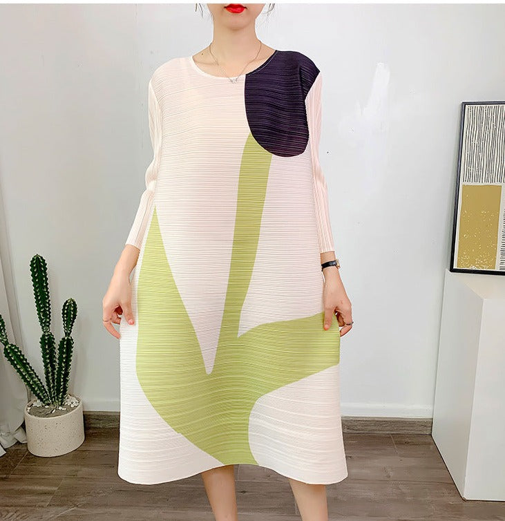 Miyake Pleated Printed Three-Quarter Sleeves Midi Dress