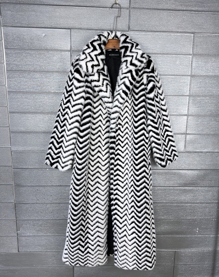 Striped Belted Fluffy Faux Fur Coat