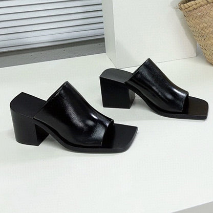 Leather Open Toe Block Heel Mule Sandals