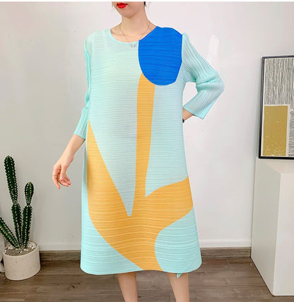 Miyake Pleated Printed Three-Quarter Sleeves Midi Dress