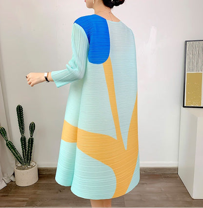 Miyake Pleated Printed Three-Quarter Sleeves Midi Dress