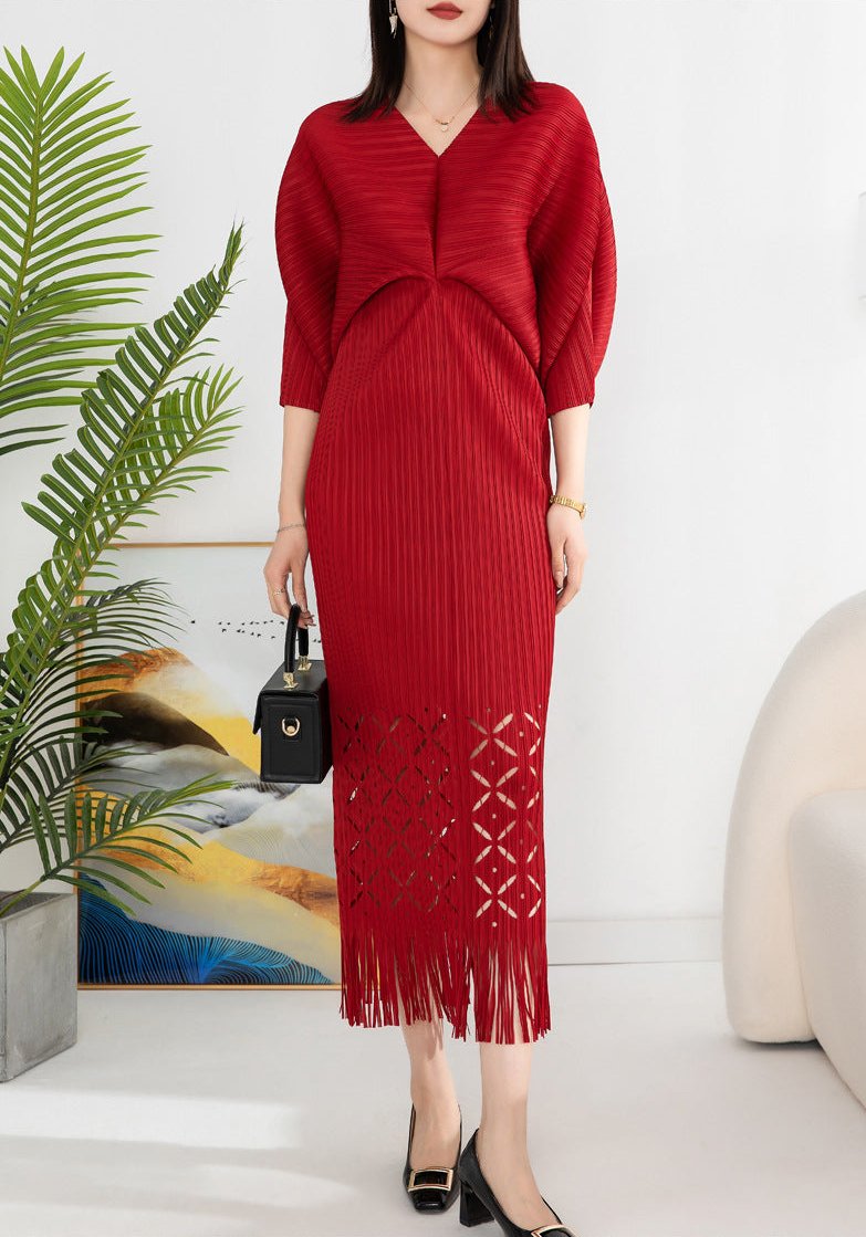 Miyake Pleated Batwing Sleeve Tassel Maxi Dress