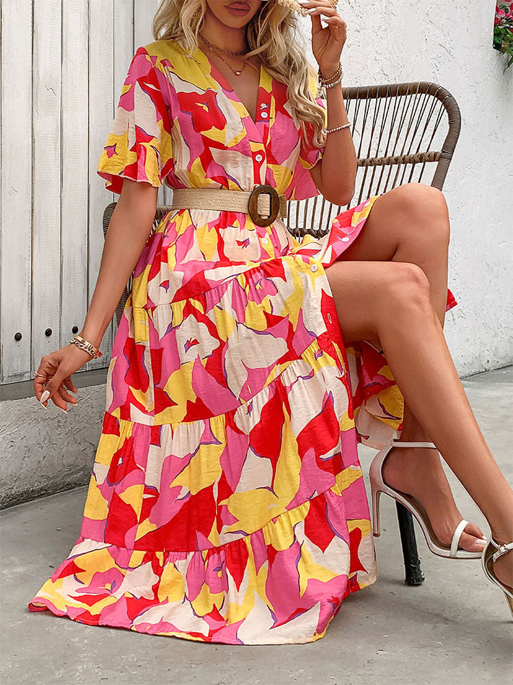Printed Tiered V-Neck Midi Dress