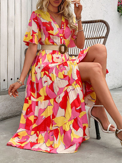 Printed Tiered V-Neck Midi Dress