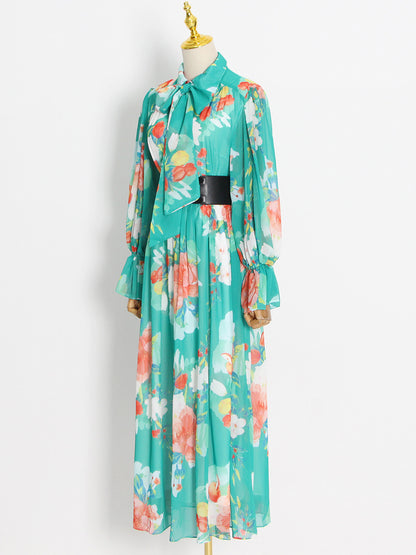 Floral Collared Bow Tie Midi Dress