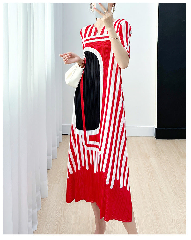 Miyake Pleated Striped A-Line Dress