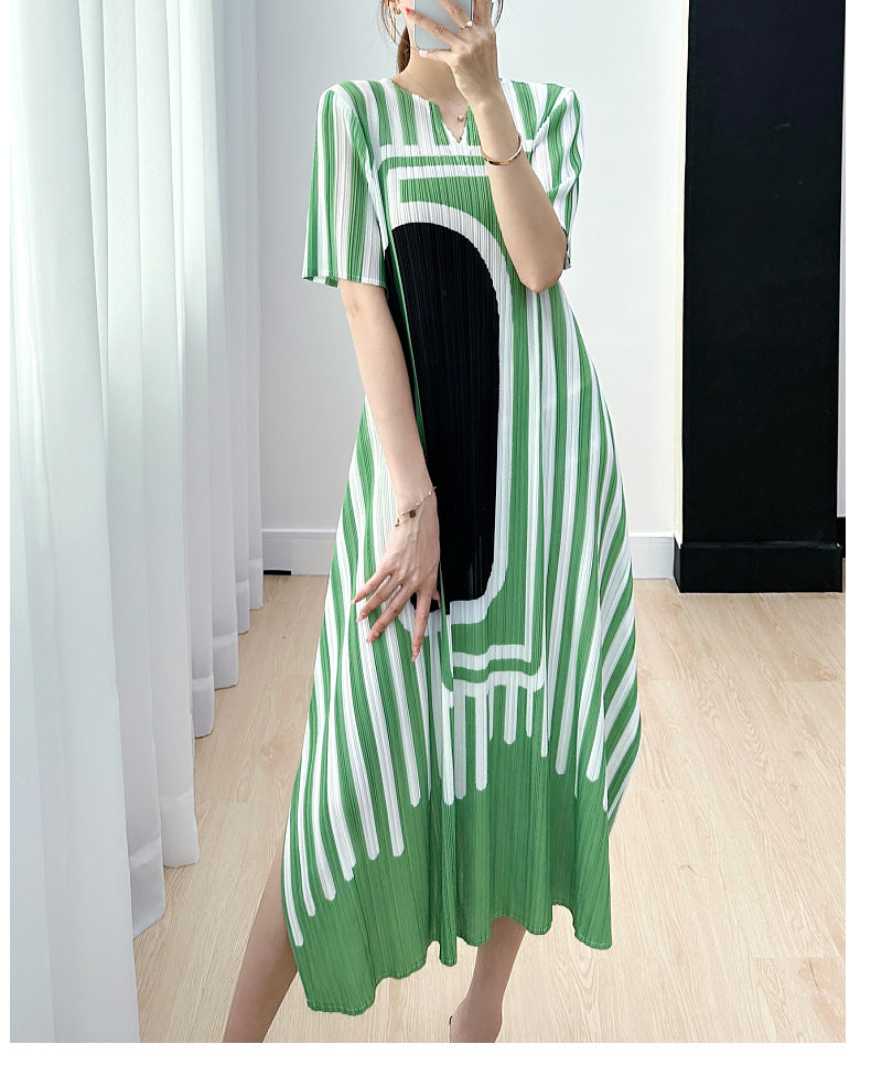 Miyake Pleated Striped A-Line Dress