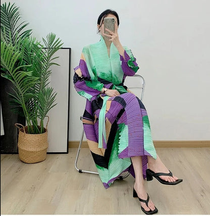 Miyake Pleated Pressed Ruffle Long Sleeve Maxi Dress