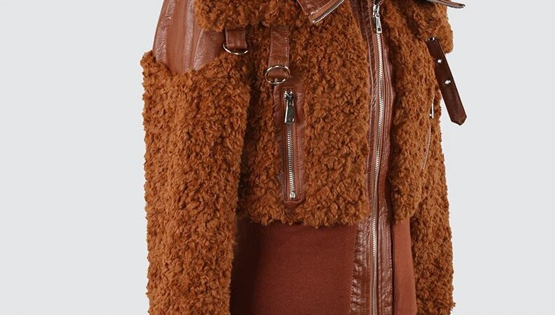 PU Leather Patchwork Faux Fur Fluffy Jacket