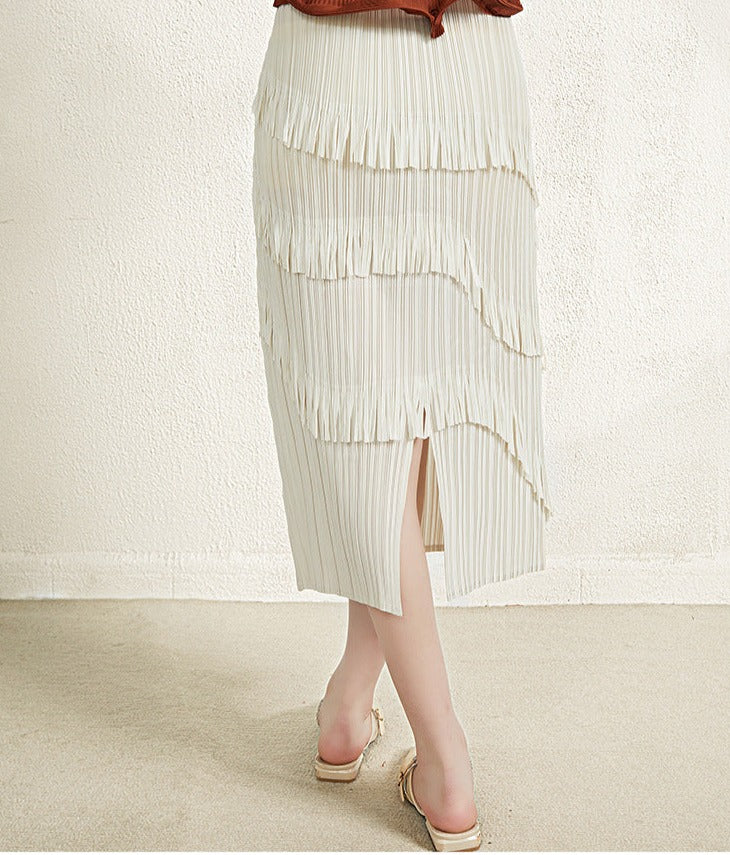 Miyake Pleated Color Block Tassel Layered Skirt