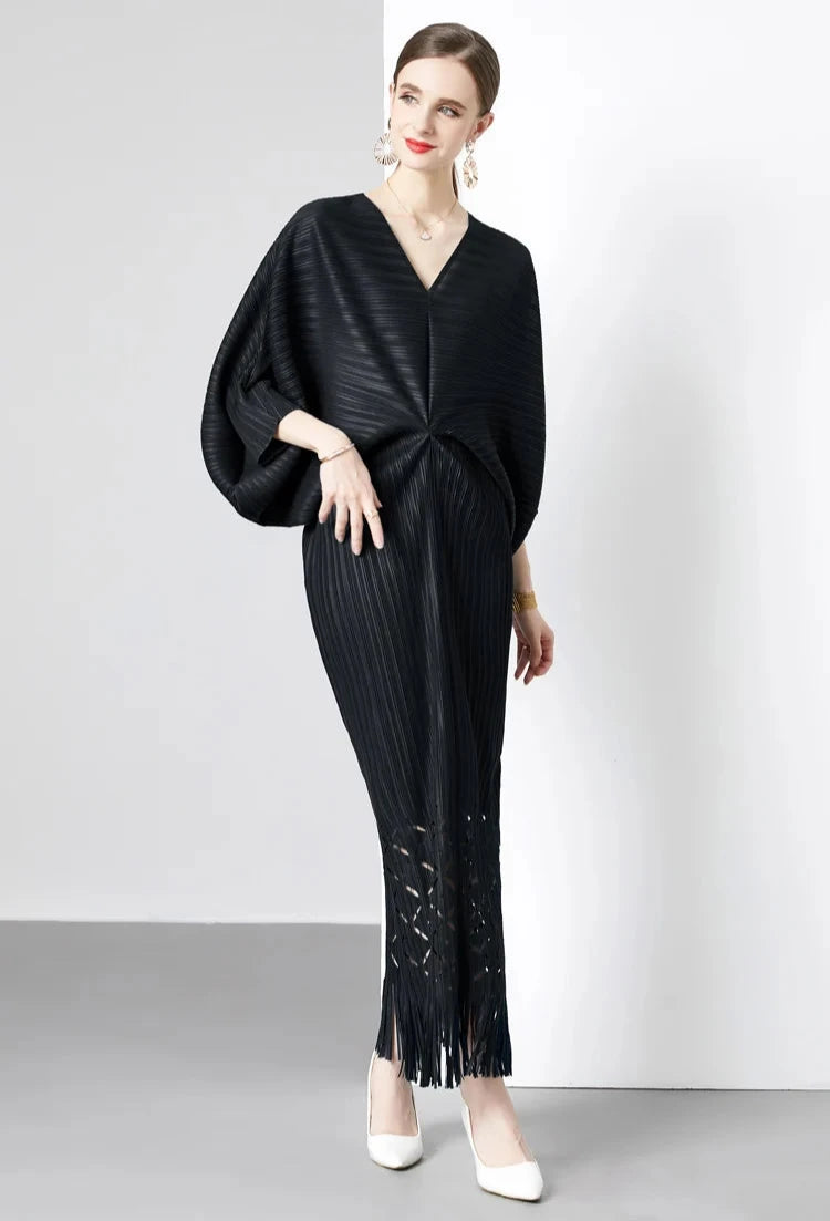 Miyake Pleated Batwing Sleeve Tassel Maxi Dress