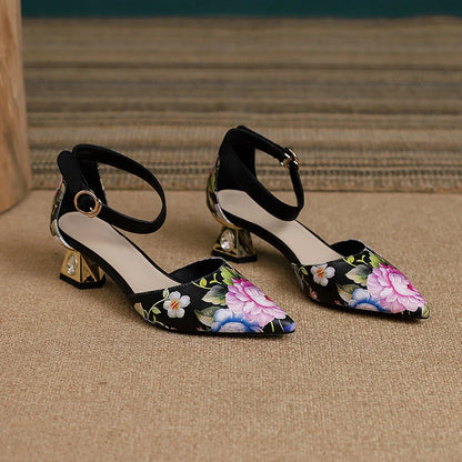 Flower Print Pointed Toe Mid Heel Pumps