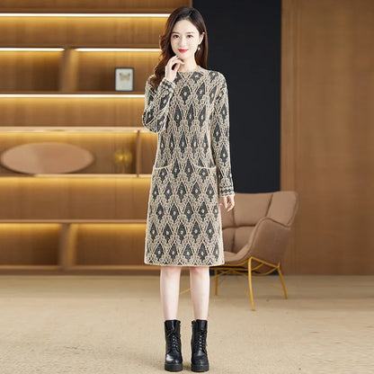 Geometric Round Neck Long Sleeve Sweater Midi Dress