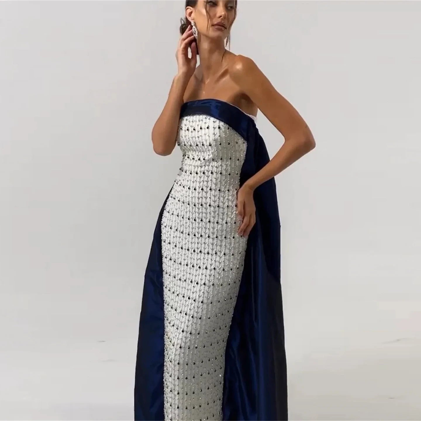 Beaded Strapless Evening Dress with Cape