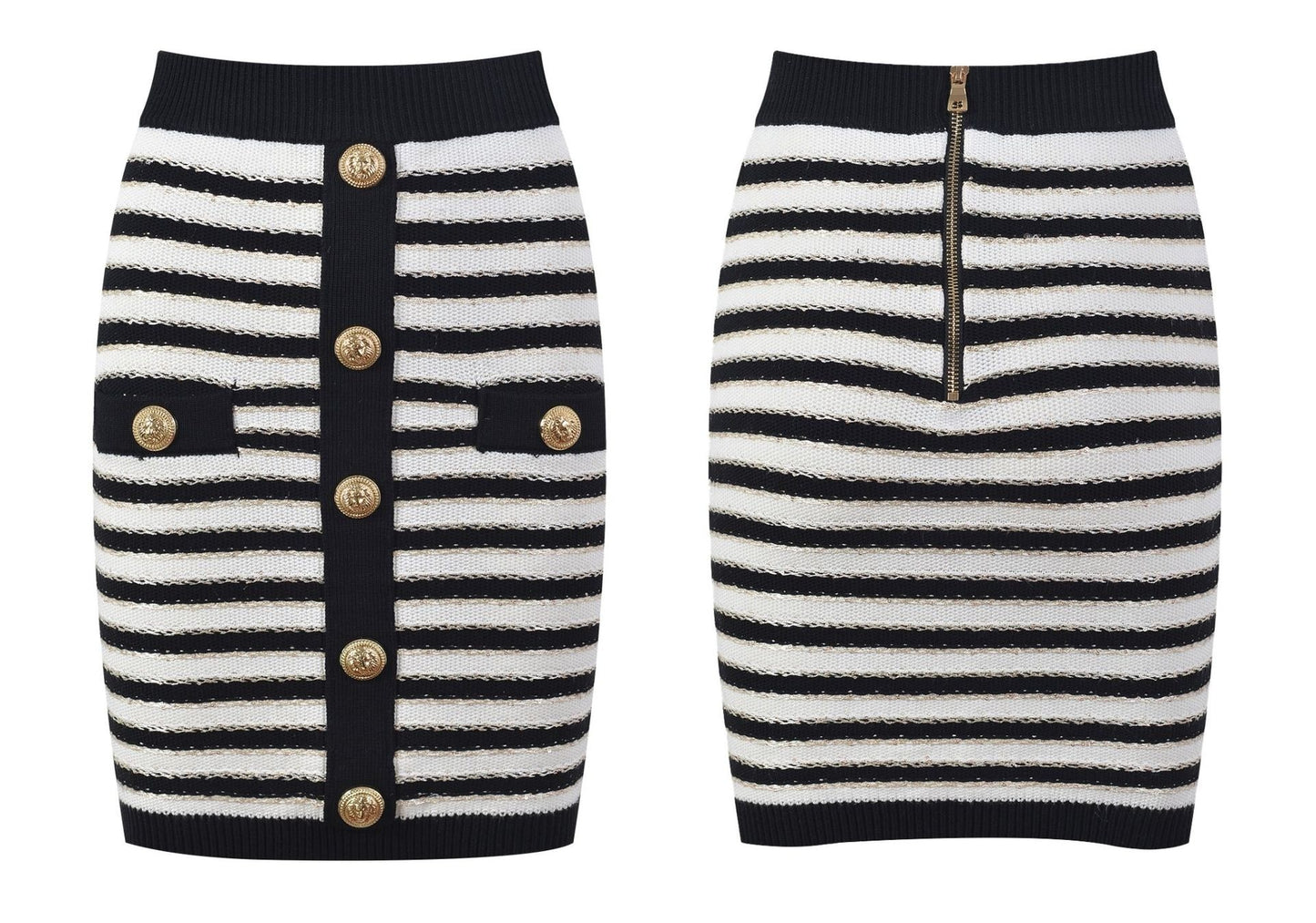 2Pcs Striped Gold Thread Knitted Sweater & Skirt Set