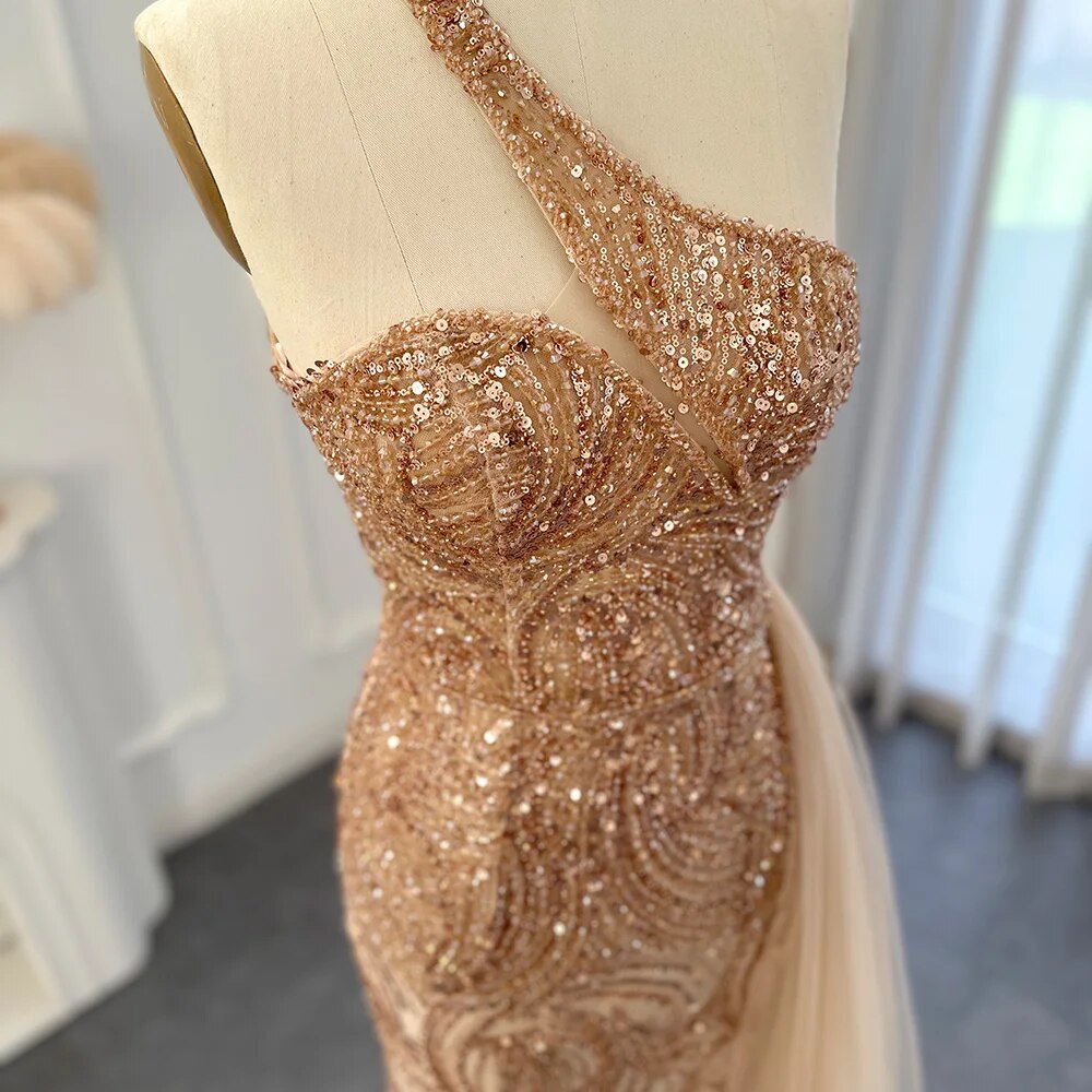 Luxury Embellished One-Shoulder Evening Dress with Overskirt