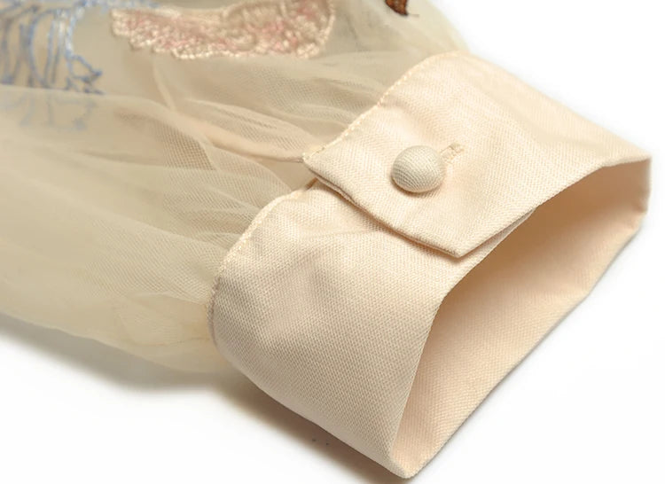 Embroidered Mesh Lantern Sleeve A-Line Dress