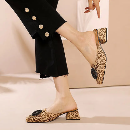 Printed Rhinestone Embellished Square Heel Mules
