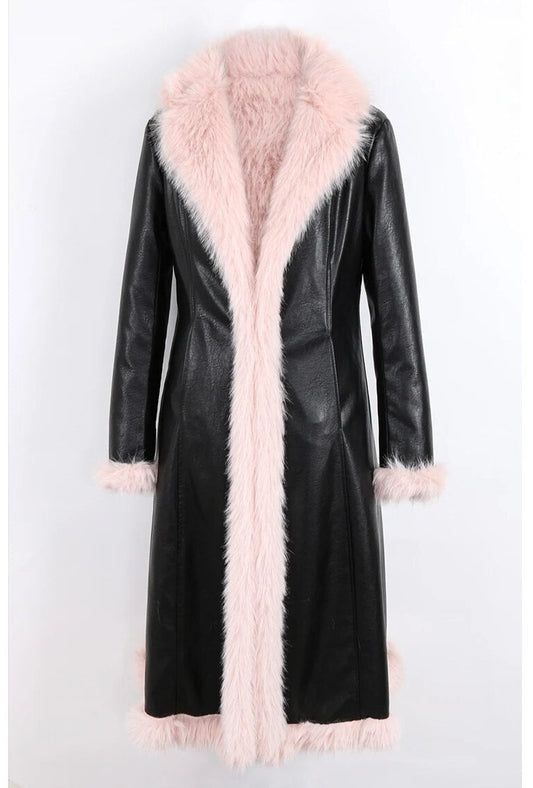 Two-Tone PU Faux Fur Parka Coat