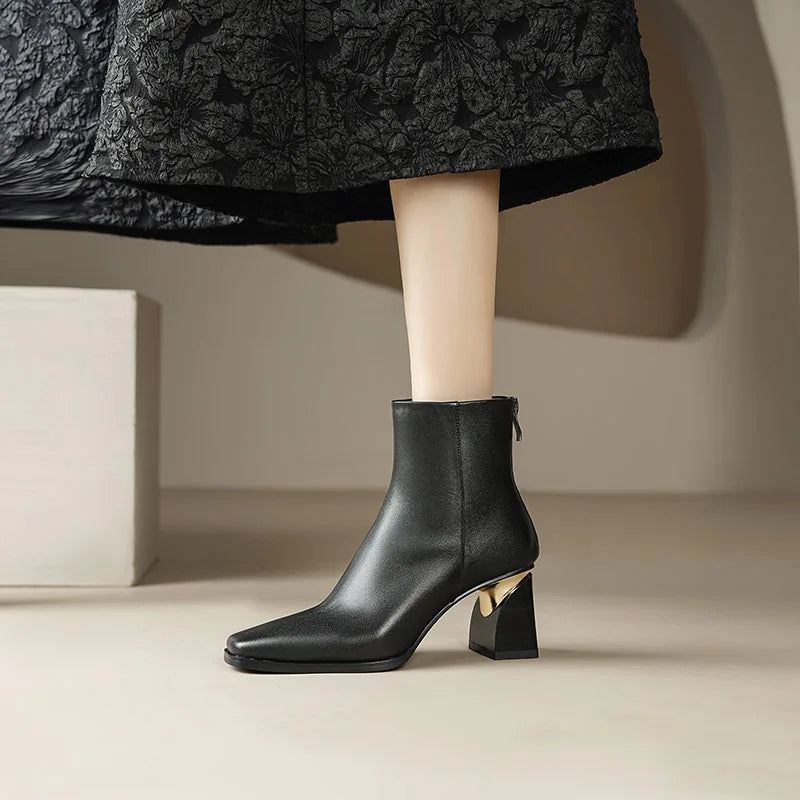 Retro Square Toe Hoof Heel Ankle Boots