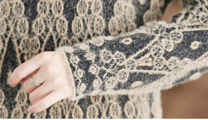 Geometric Round Neck Long Sleeve Sweater Midi Dress