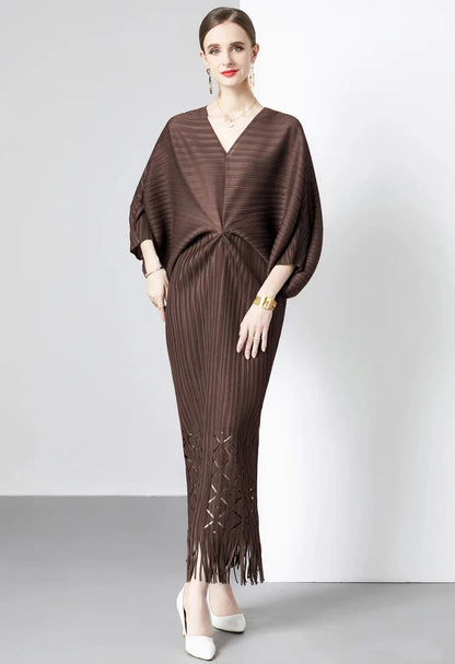 Miyake Pleated Batwing Sleeve Tassel Maxi Dress